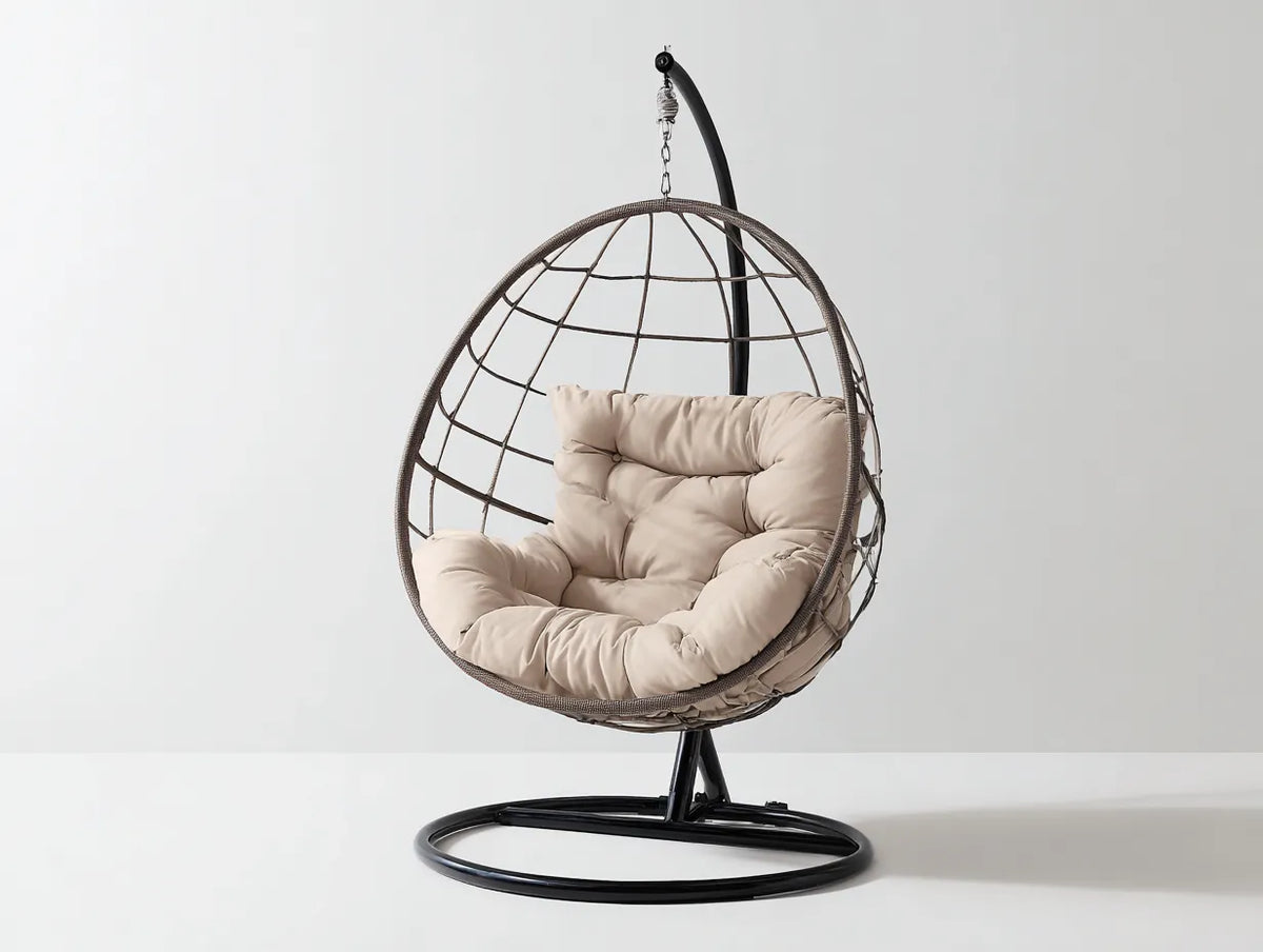 Freistehender Hängesessel aus Geflecht 105×100×195 cm – Grau/Schwarz/Beige – mit Metallgestell