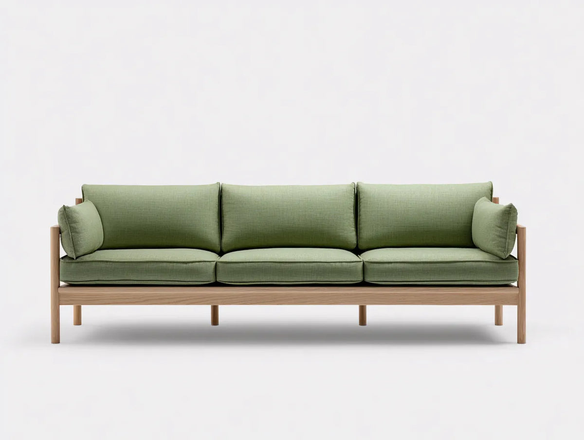 Sofa Stoff 220×88×76 cm - Hellgrün/Natur - geradliniger Dreisitzer mit Holzgestell