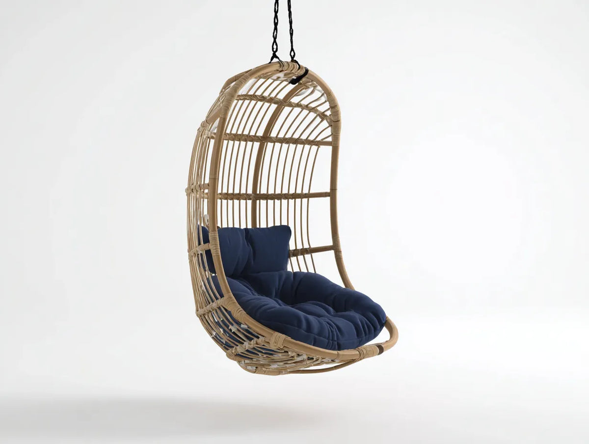 Hängesessel aus Rattan 92×84×128 cm - Beige/Blau - hohe Korbform für den Außenbereich