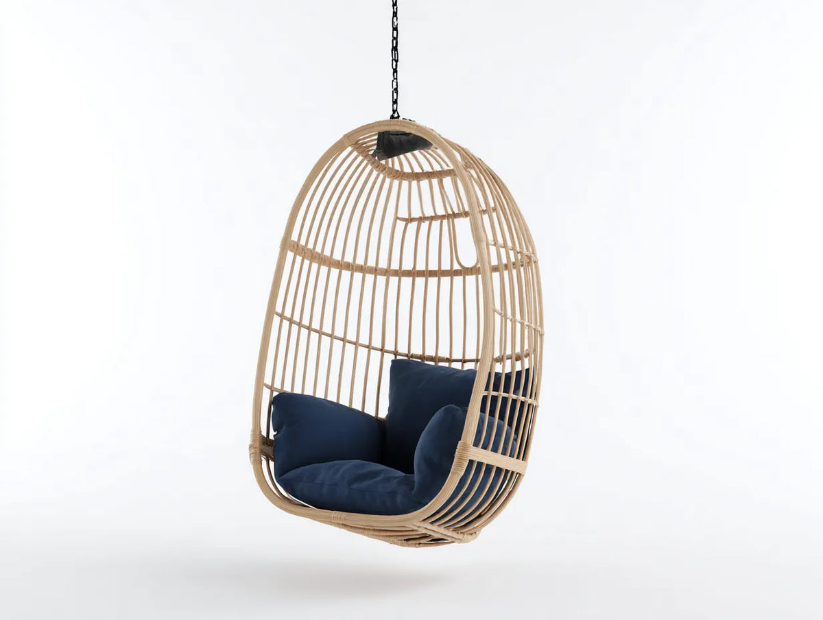 Hängesessel 90×80×125 cm - Rattan Natur und Blau - Outdoor Schaukelstuhl mit geflochtener Sitzschale