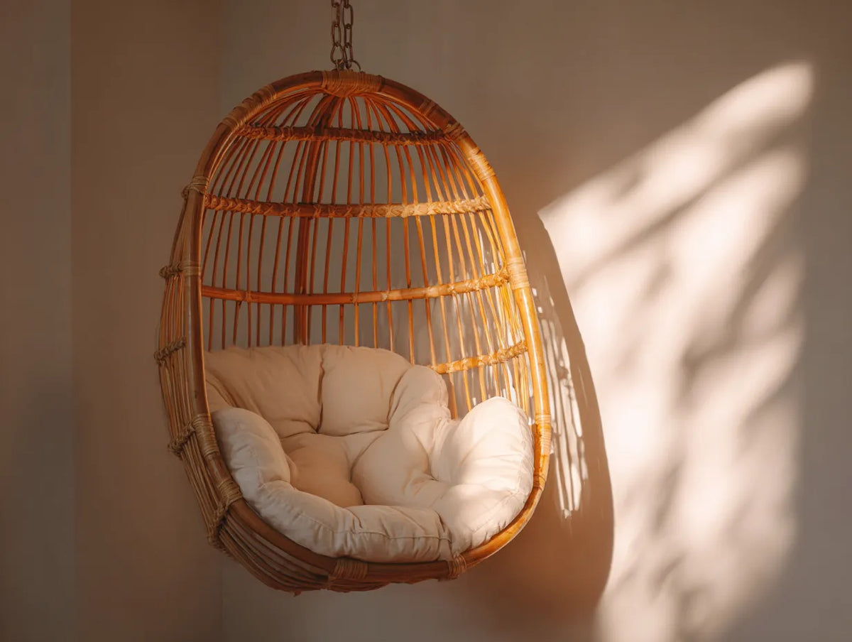 Hängesessel aus Rattan 88×82×120 cm - Braun/Beige - runde Korbform mit weicher Sitzpolsterung