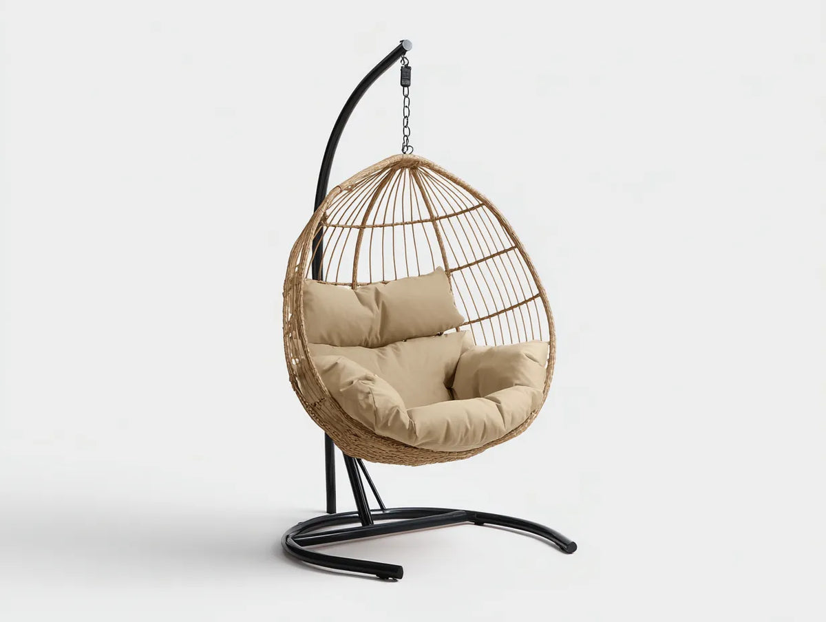 Hängesessel 95×85×135 cm - Rattan Natur und Metall Schwarz - Outdoor Relaxsessel mit Gestell